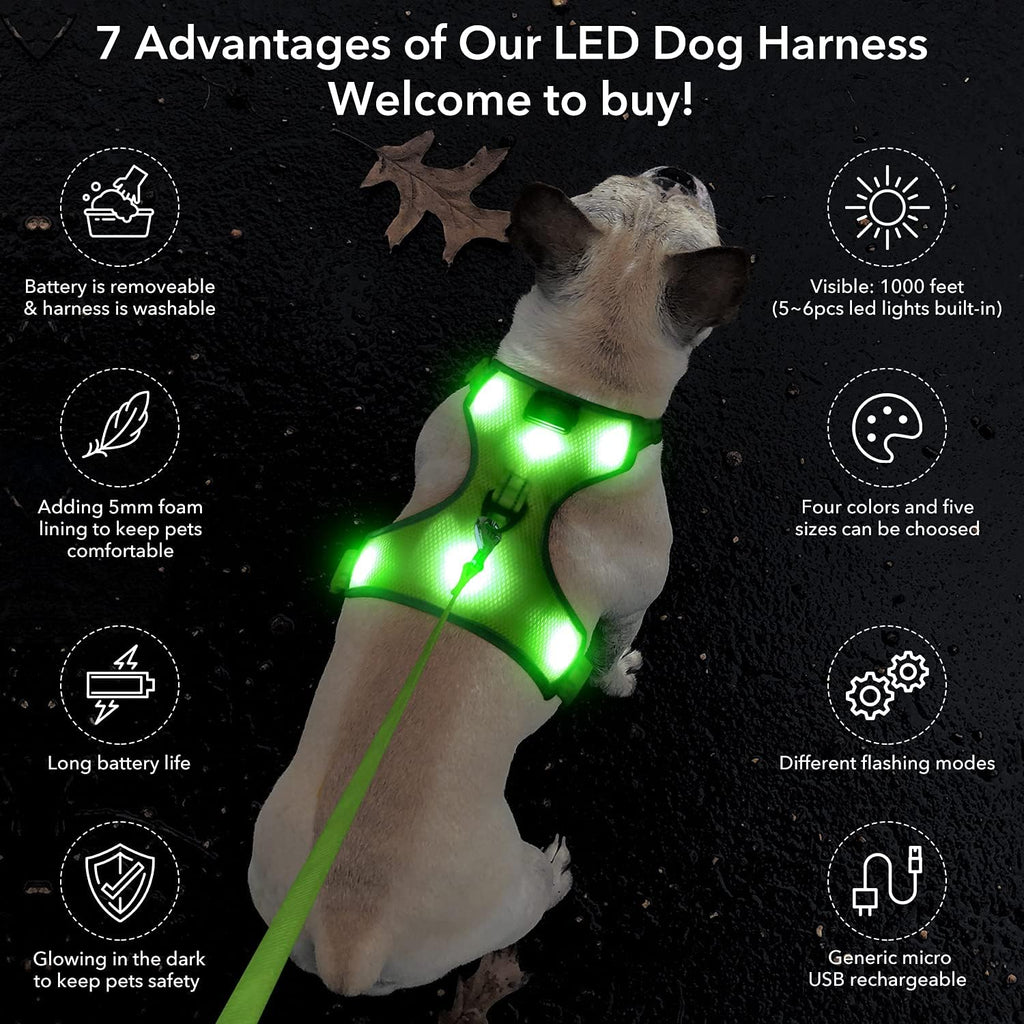 Light up Dog Harness - USB Rechargeable LED Dog Harness with Reflective Strips, Comfortable Adjustable Sizes (Green, Medium)
