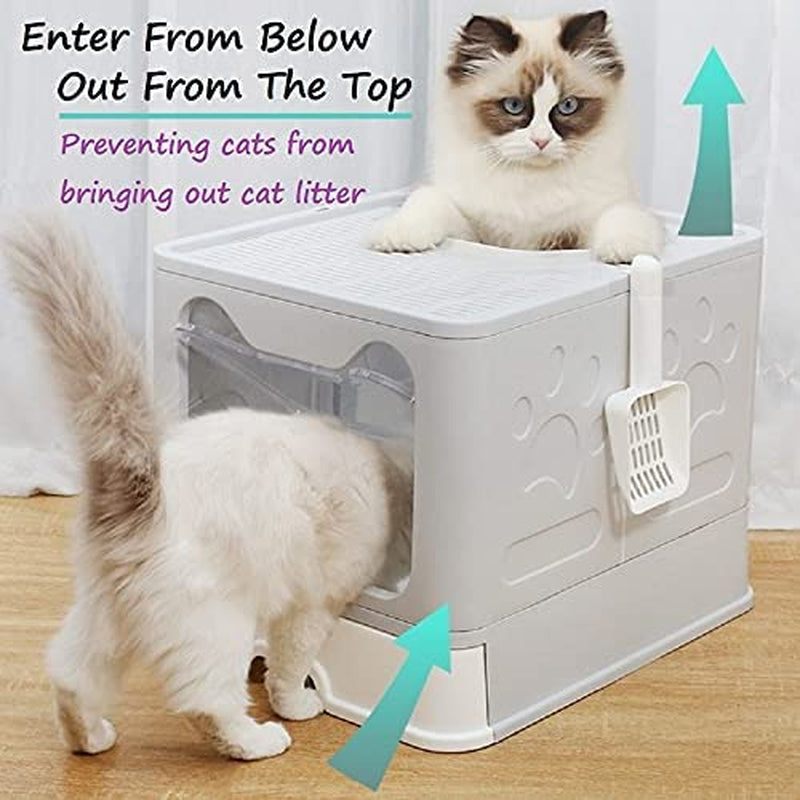Large Cat Litter Box with Lid, Foldable Cat Litter Box ​With Cat Litter Scoop, Drawer Type Cat Litter Pan Easy to Scoop & Clean, Self Cleaning Cat Litter Box (Gray)