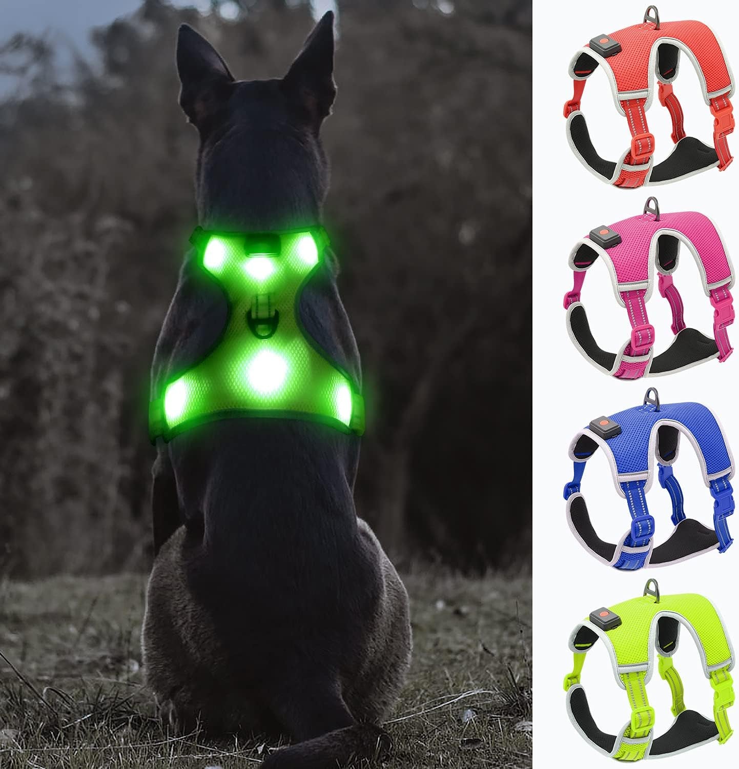 Light up Dog Harness - USB Rechargeable LED Dog Harness with Reflective Strips, Comfortable Adjustable Sizes (Green, Medium)