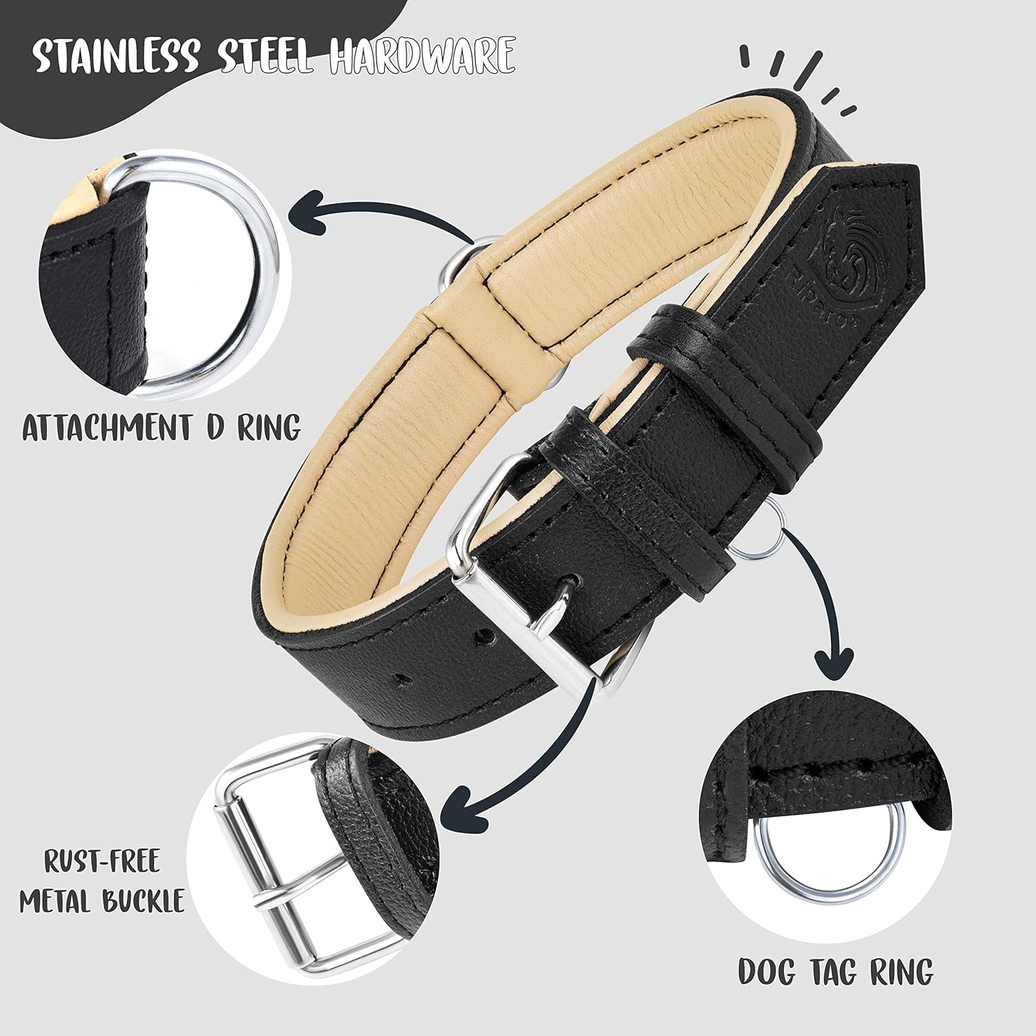 Riparo Dog Collars for Medium Dogs, Genuine Leather Dog Collar, Medium Dog Collar (M: 1" Wide for 13.5”-17.5” Neck, Black)